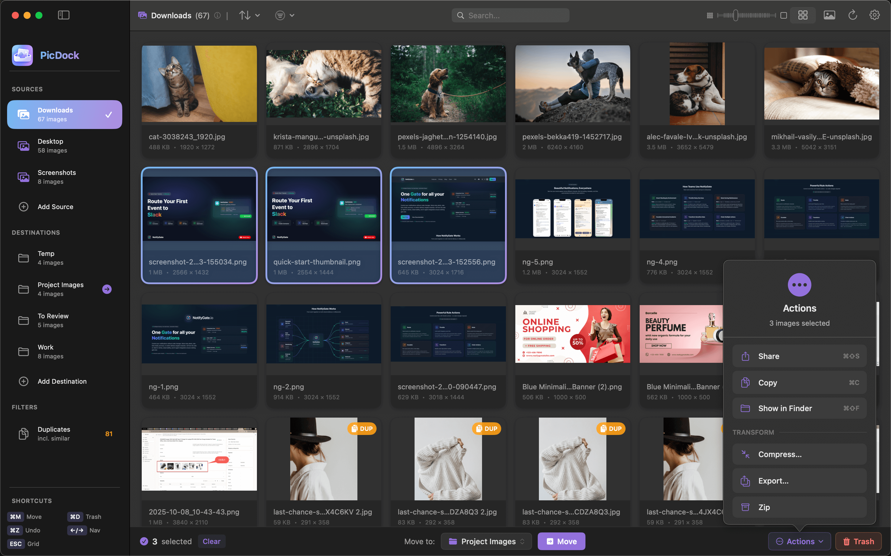 PicDock actions view